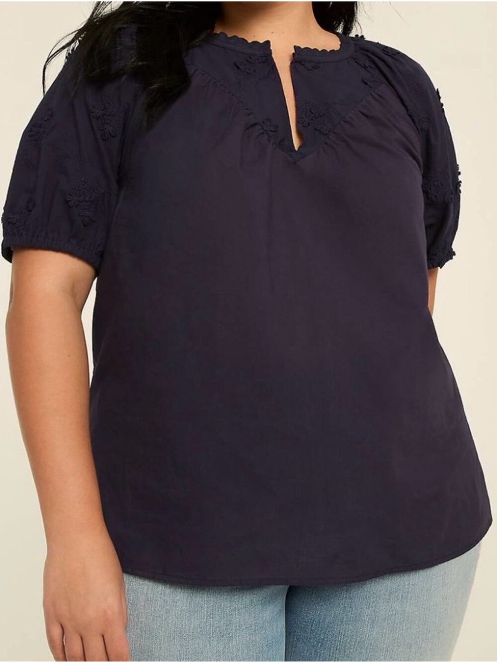 Lane Bryant Navy Embroidered Short Sleeve Peasant Blouse